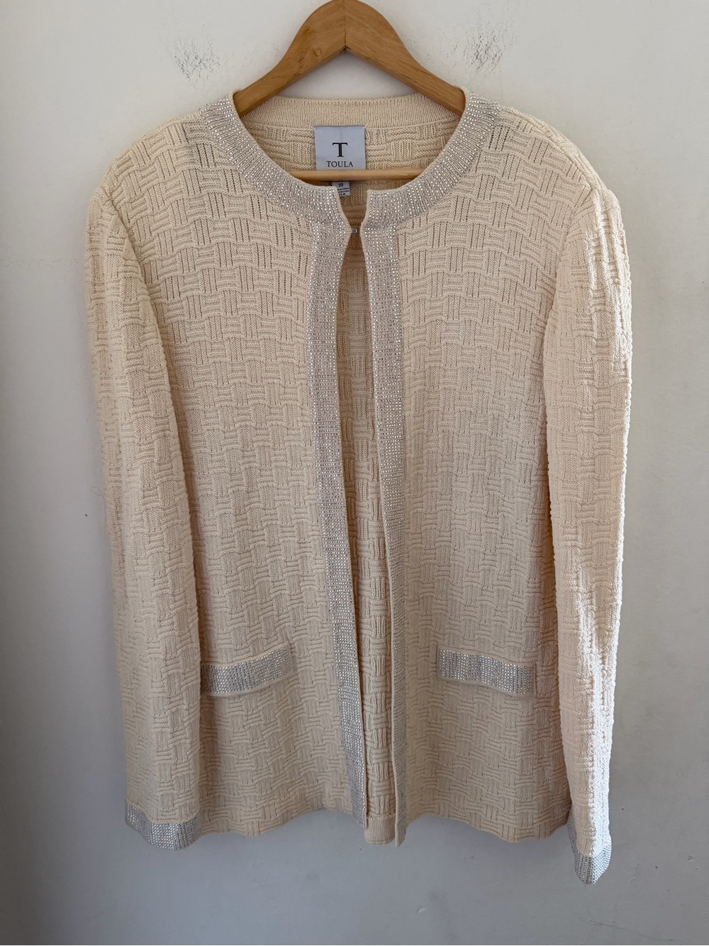 Toula Vintage Cream Basketweave Wool Blend Sparkle Trim Textured Jacket 18 Plus